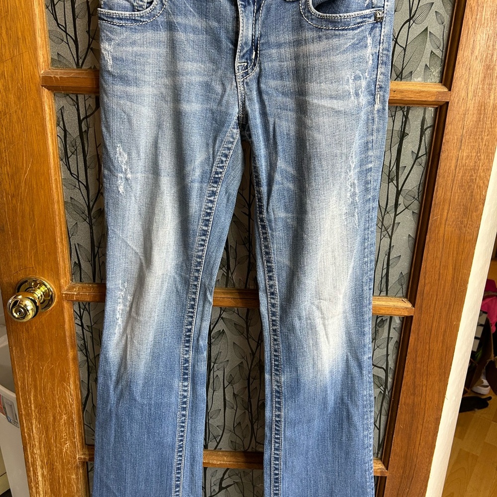 Miss Me Women's Blue Boot Cut Jeans size 30 Peace Sign Rhinestone Pockets